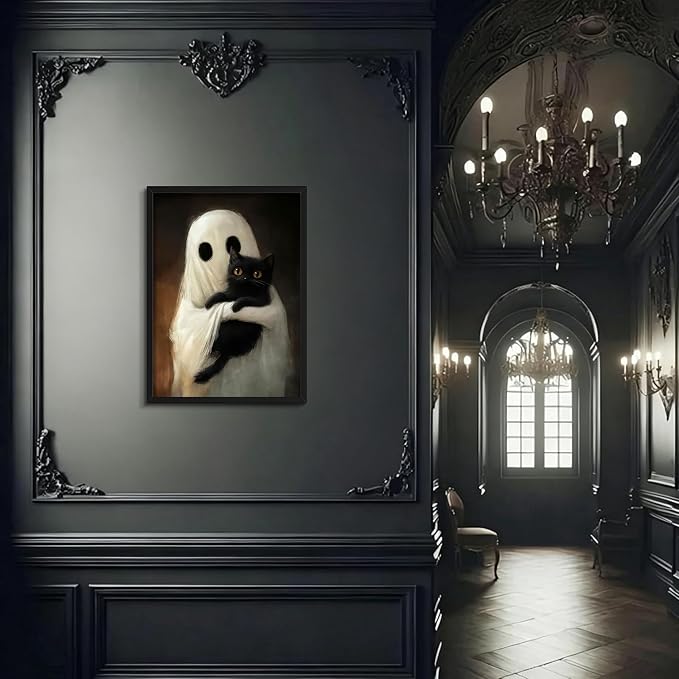 Framed Vintage Halloween Ghost Wall Art, Cute Ghost Hugging Black Cat Canvas Print, Cozy Dark Academia Gothic Halloween Decor for Living Room Bedroom, 12x16in Wood Frame