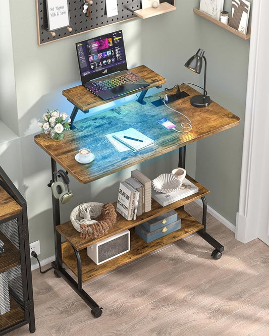 Height Adjustable Standing Desk with Power Outlets and LED Lights - 32" Manual Stand Up Desk with Monitor Stand and Storage Shelves Small Mobile Rolling Computer Desk Portable Laptop Table, Rustic