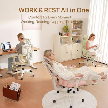 CabLady S1 High Back Ergonomic Mesh Office Chair with Footrest, 300 lbs | 115° Recline Lock, Adjust Seat Depth, 2D Arms, 3D Headrest, Detachable Lumbar Support, Breathable Mesh, BIFMA, Cream