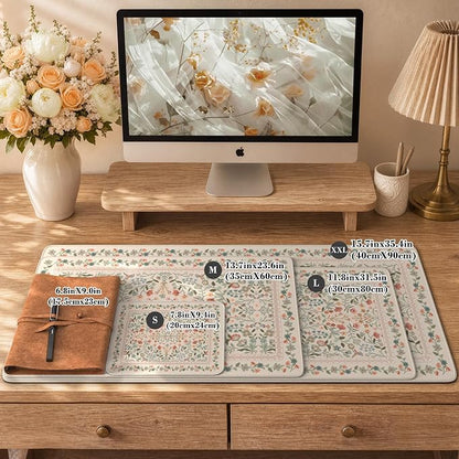 iCasso Aesthetic Floral Desk Mat, L Mouse Pads, Anti-Slip Mousepad with Stitched Edges, Waterproof Computer Pad 11.8"x31.5", Desk Accessories Office Decor for Women(Beige)