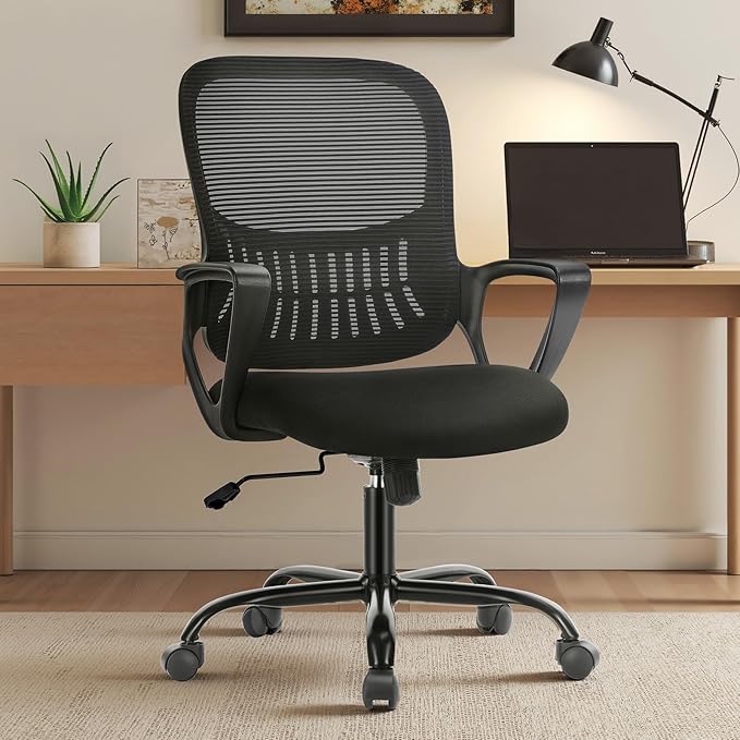 DUMOS Home Office Desk Chair - Ergonomic Mid Back with Lumbar Support & Rocking Mode, Height Adjustable with Fixed Armrest, for Conference, Computer, Meeting Room, 360° Swivel, Adults, Adults, Black