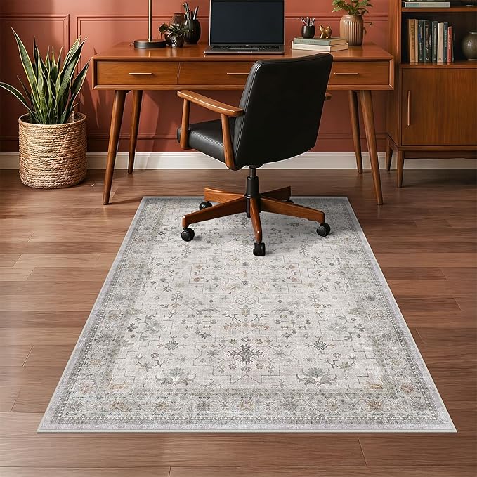 Light Gray 3x4 Office Chair Mat for Hard Wood & Tile Floor, Boho Low Pile Carpet Floor Protector for Rolling Chair, Machine Washable Under Desk Rug, Non Slip Rubber Backing