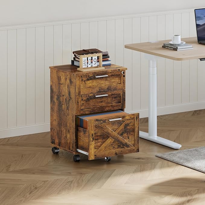 GAOMON 3 Drawer Mobile File Cabinet with Lock, Under Desk Wooden Filing Cabinets for Home Office Organizer Letters/Legal/A4, Rustic Brown