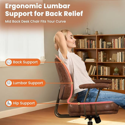 Leather Home Office Chair, Mid Back Ergonomic Desk Chair with Lumbar Support, Mid Century Modern Deep Seat Swivel Rocking Computer Chair, Dark Brown
