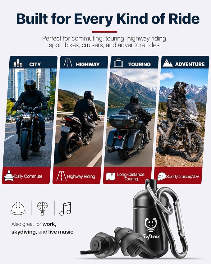 Motorcycle Ear Plugs for Wind Noise Reduction, 2 Filter Options Reusable Motorcycle Accessories, Soft Comfortable Hearing Protection Earplugs for Motorbike, Touring, Racing, Riding - 25dB Biker Gifts