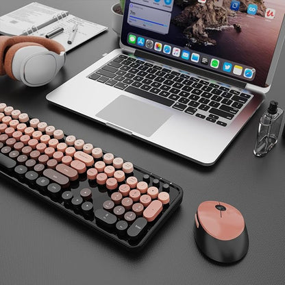 SkyGive Wireless Keyboard and Mouse Combo, Ergonomic Full Size Typewriter Retro Round Keycaps Keyboard, Compatible with Windows, PC, Perfer for Home and Office Keyboards (Aurora Red)