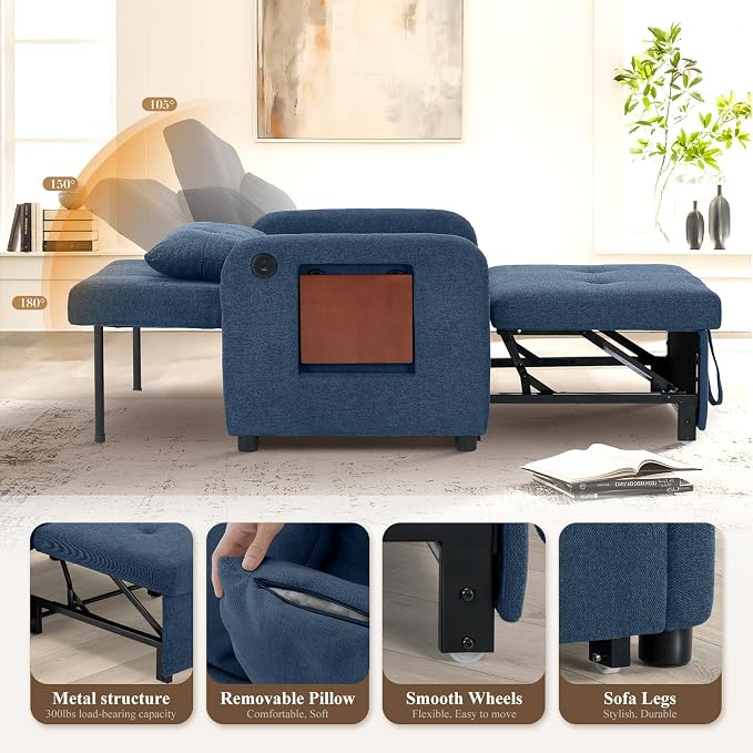 Convertible Sleeper Chair-Fabric Futon Sofa Bed, Single Sleeper Sofa, Small Couch Bed with USB Port, Foldable Table, Pillow, Adjustable Backrest for Dorm/Bedroom/College Blue