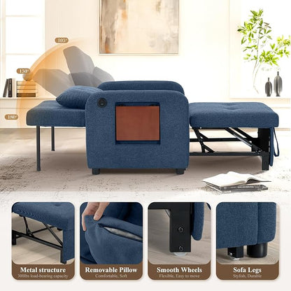 Convertible Sleeper Chair-Fabric Futon Sofa Bed, Single Sleeper Sofa, Small Couch Bed with USB Port, Foldable Table, Pillow, Adjustable Backrest for Dorm/Bedroom/College Blue