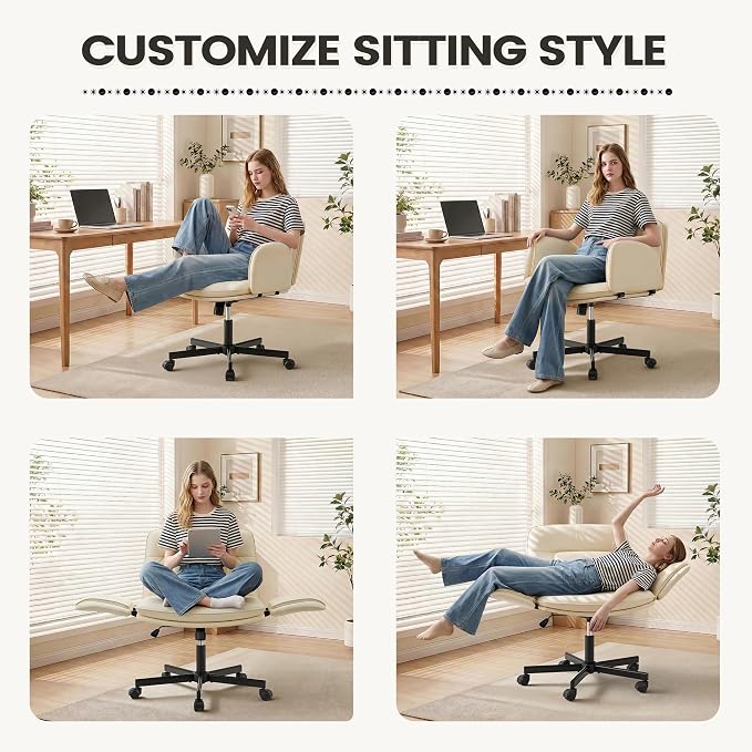 Furmax Vanity Chair with Adjustable Armrests, Comfortable Oversized PU Leather Criss Cross Chair with Wheels, Wide Office Desk Chair for Home, Make Up, Bed Room (Beige)