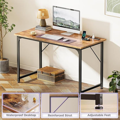 PRAISUN 40 X 20 Inch Computer Desk with Power Outlets and USB-C Port, Gaming Office Desk with Deeper Desktop, Writing Work Desk for Home Office, Study, Bedroom, Metal Frame, Rustic Brown