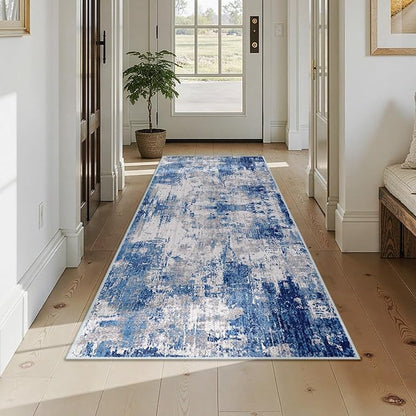 RELEANY Washable Area Rugs 3x7 Non-Slip Modern Abstract Soft for Living Room Entryway Bedroom Kitchen, Print Pattern, Blue Grey Navy Gray