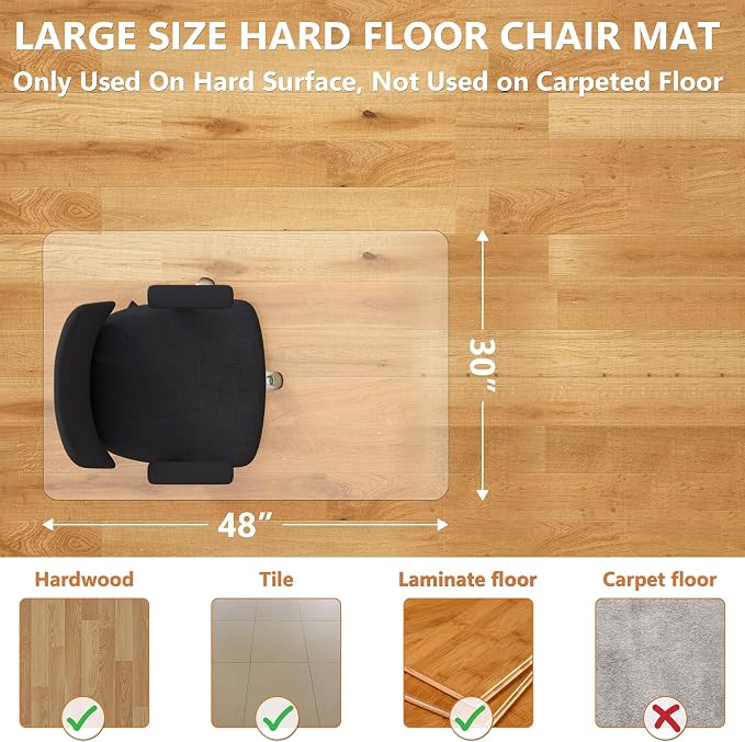 Office Chair Mat, 30" x 48" Vinyl Desk Chair Mat Clear Floor Protector Mat for Hardwood Floor/Rolling Chair Office & Home, Easy Glide and Flat Without Curling