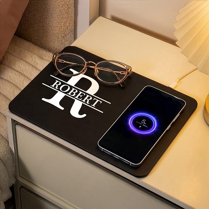 Personalized Leather Charging Mat, Custom Initial Names for Him, Dad, Son, Husband, Boyfriend, Coworkers, Wireless Charging Desk Mat, Birthday Fathers Day Gift for Dad, Papa, Grandpa, Daddy 3