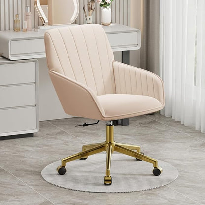 YISHENG Velvet Office Desk Chair with Gold Base, with Wheels,Modern Height Adjustable 360 Degree Swivel Upholstered Vanity Chairs with Arms for Living Room Bedroom,Khaki