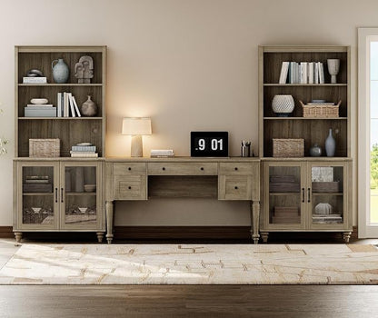 WAMPAT Home Office Furniture Set, 56'' Executive Desk with Charging Station, 72" Tall Bookcase with 4 Glass Doors, Wood Computer Desk with File Cabinet Storage, Open Shelf, Wash Grey