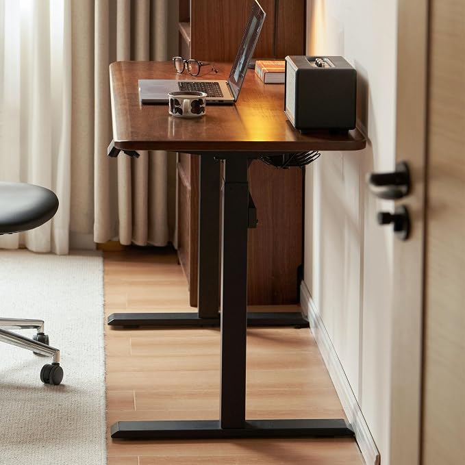 100% Solid Rubber Wood Electric Standing Desk, Walnut Finish Sit Stand Height Adjustable Desk with Cable Organizer,Ergonomic Computer Desk for Home Office Study Room 47.24" W