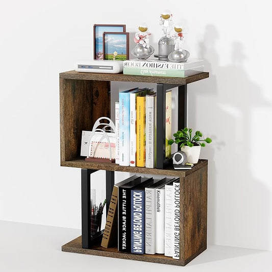 Desk Organizer and Desk Hutch Shelf – Desktop Bookshelf for Small Spaces, Mini Storage Unit for Dorm, Office, 3-Tier Desk Top Organizer Shelf, Rustic Brown