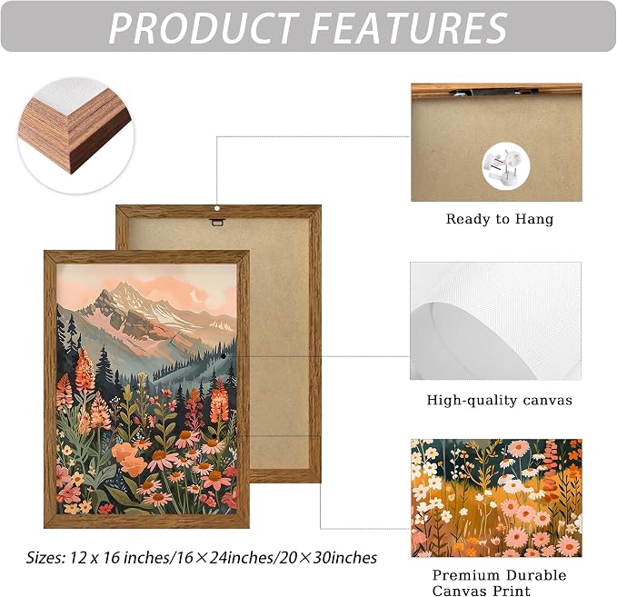 ICHZUMW Framed Boho Abstract Landscape Mountain and Floral Canvas Wall Art Set of 3, Colorful Nature Botanical Paintings Artwork, Large Wildflower Wall Decor for Living Room Bedroom Office, 20x30in