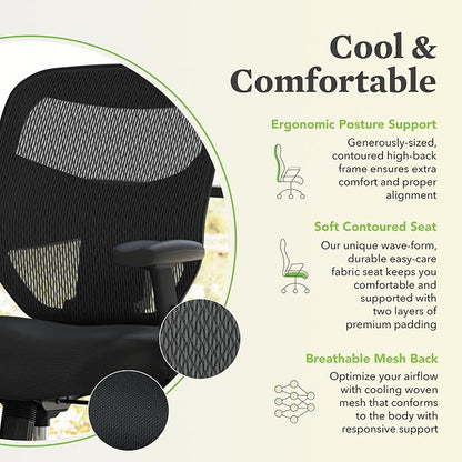 HON Prominent High Back Ergonomic Office Chair with Adjustable Center‑Tilt Recline, Height Adjustable Arms, Swivel Desk and Computer Chair for Home Office or Workstation, Black