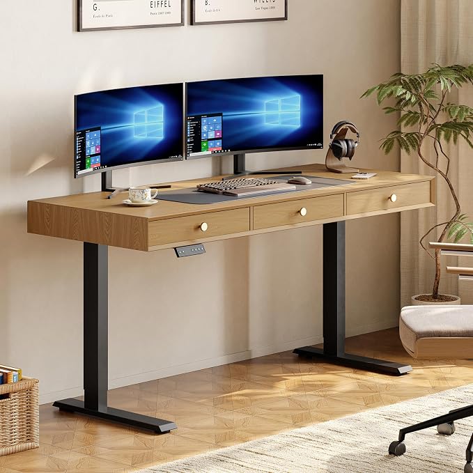 Electric Standing Desk with 3 Drawers, 55 x 24 Inch Height Adjustable Stand up Desk with Storage and Widened Legs, Retro Home Office Desks with Memory Controller for Computer Workstation, Oak Brown