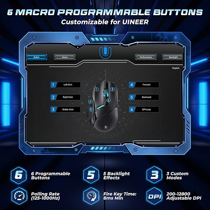 Uineer Ergonomic Wired Gaming Mouse, RGB Programmable Mouse with 6 Macro Buttons, 7200 DPI Adjustable, Silent Click USB-A Computer Mouse for PC Gamer, Windows, Mac, Laptop
