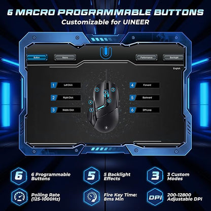 Uineer Ergonomic Wired Gaming Mouse, RGB Programmable Mouse with 6 Macro Buttons, 7200 DPI Adjustable, Silent Click USB-A Computer Mouse for PC Gamer, Windows, Mac, Laptop