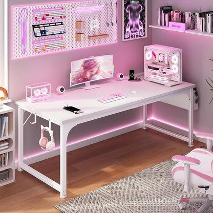 DurayLoly 63 x 24 inch Large Desk, 24mm Thick Heavy Duty Computer Desk with RGB LED & Power Outlets, Gaming Desk with Detachable Stand, Hooks & Storage Bag, 150LBS Load Capacity, White