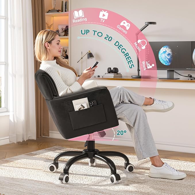 DurayLoly Home Office Chair with Wheels Soft-Touch Material,Modern Cute Vanity Chair with Back Adjustable Height Upholstered Comfy Desk Chairs with Side Pockets for Bedroom,Black