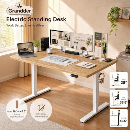 Grandder 63x32 Large Electric Standing Desk, Height Adjustable Computer Desk with 2 Memory Presets, 31.5" Deep Desktop Sit Stand Desk Home Office Desk Workstation Table with Hooks, Oak
