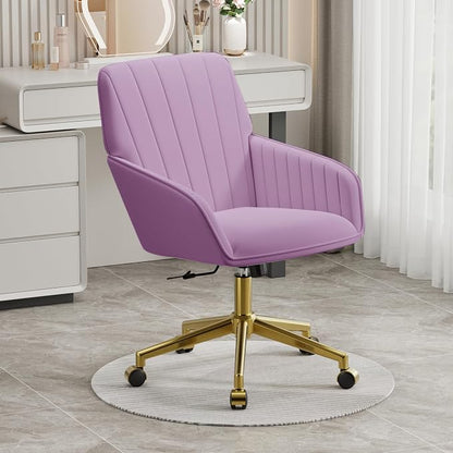YISHENG Velvet Office Desk Chair with Gold Base, with Wheels,Modern Height Adjustable 360 Degree Swivel Upholstered Vanity Chairs with Arms for Living Room Bedroom,Purple