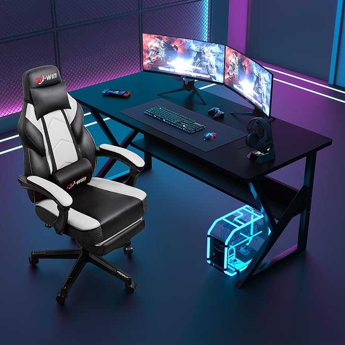 DL-win Video Gaming Chair for Adults, Computer Chair with Footrest and Ergonomic High Back, Big and Tall Gamer Chair with Massage Lumbar Support, 360° Swivel Height Adjustable Computer Chair, White