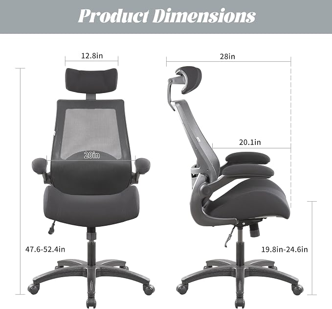 BOLISS 400lbs Ergonomic Office Desk Chair Big and Tall with Wide Seat – High Back Mesh Executive Chair with 4-Level Adjustable Headrest,Lumbar Cushion, Flip-Up Armrests for Storage (Black)