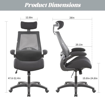 BOLISS 400lbs Ergonomic Office Desk Chair Big and Tall with Wide Seat – High Back Mesh Executive Chair with 4-Level Adjustable Headrest,Lumbar Cushion, Flip-Up Armrests for Storage (Black)