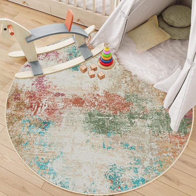 Lahome Abstract Round Rugs 6ft for Living Room, Washable Low-Pile Soft Round Bedroom Area Rug Non Slip, Modern Colorful Indoor Large 6'x6' Circle Throw Carpet for Office Dining Room