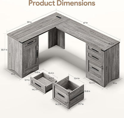 Decofy 67" Farmhouse L Shaped Standing Desk with Drawers Home Office Executive Desks with Fast Charging Station, Lockable File Cabinet, Wood Writing Computer Desk for Work, Study, Grey
