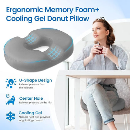 Donut Pillow Seat Cushion - Cooling Gel Donut Chair Cushions, Memory Foam Seat Cushion for Office & Home, Car Seat Cushion and Butt Pillow, Hemorrhoids Pillow and Tailbone Pain Relief, Light Grey