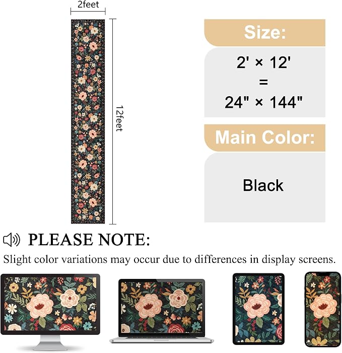 DUKINO 2x12 Washable Runner Rug, Ultra Soft Floral Runner Rug for Hallway, Boho Non Slip & Non Shedding Indoor Entryway Carpet for Kitchen, Laundry Room, Bathroom, Bedroom, Entrance, Black