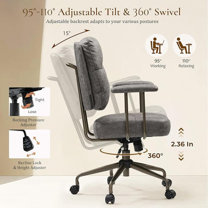 EUREKA ERGONOMIC Becky Home Office Desk Chairs Leather, Comfy Office Chair with Lumbar Support and Arms, Mid-Back, Comfortable Thick Cushion, Height Adjustable, Mid-Century Modern, Gray