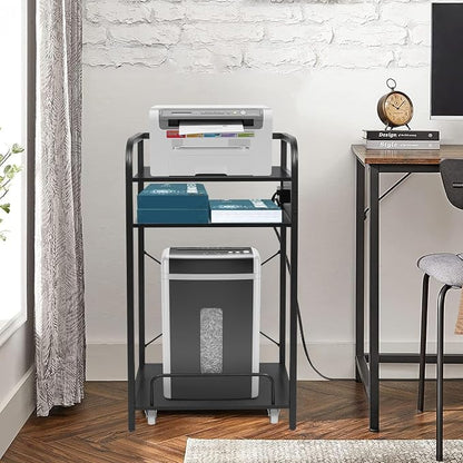 3-Tier Printer Stand with Shredder Shelf, 20" L x 14" W x 34" H, Floor-Standing Printer Stand with Power Outlet, Desk Side Printer and Shredder Stand with Storage, Black Office Storage Shelf Rack