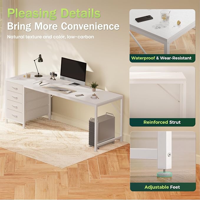 PRAISUN 63 Inch Computer Office Desk with Power Outelts and USB-C Port, Reversible Gaming Desk with 4 Fabric Drawers, Work Study Desk Work from Home, White