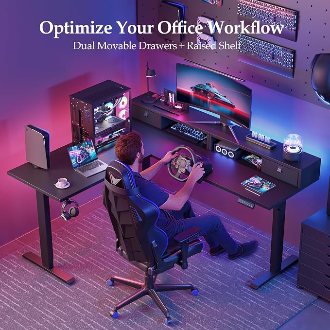 Klicelor L Shaped Electric Standing Desk 63 x 55.1 inch with Shelf, Height Adjustable Corner Desk, Sit Stand Desk with Storage Shelf, Home Office Computer Table, Black