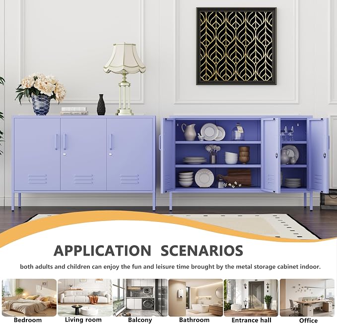 Purple Wide 3-Door Accent Cabinet, Lockable Metal Sideboard with Adjustable Shelves, Multifunctional Cabinet for Home Living Room Kitchen Bedroom
