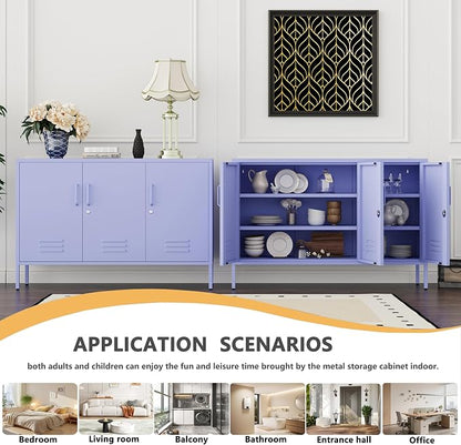 Purple Wide 3-Door Accent Cabinet, Lockable Metal Sideboard with Adjustable Shelves, Multifunctional Cabinet for Home Living Room Kitchen Bedroom