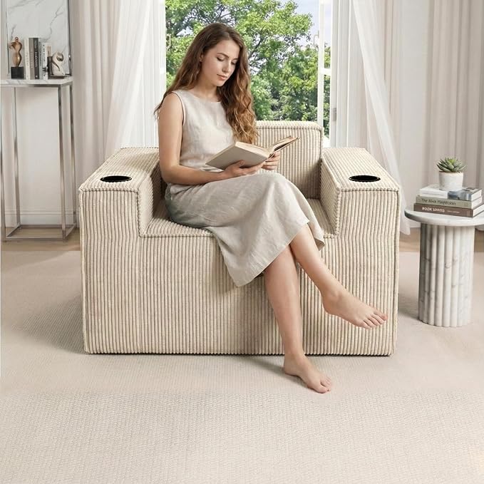 Cloud Single Sofa,Chaise Lounge Chair with Cup Holder & Side Pocket,Elevated Seat Height,No Assembly Required,Boneless Corduroy Chair for Small Space,Bedroom,Office (Khaki, Single Sofa)