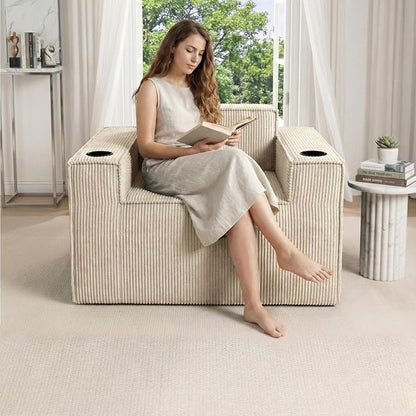 Cloud Single Sofa,Chaise Lounge Chair with Cup Holder & Side Pocket,Elevated Seat Height,No Assembly Required,Boneless Corduroy Chair for Small Space,Bedroom,Office (Khaki, Single Sofa)