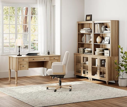 WAMPAT Home Office Furniture Set, 56'' Executive Desk with Charging Station, 72" Tall Bookcase with 4 Glass Doors, Wood Computer Desk with File Cabinet Storage, Open Shelf, Oak
