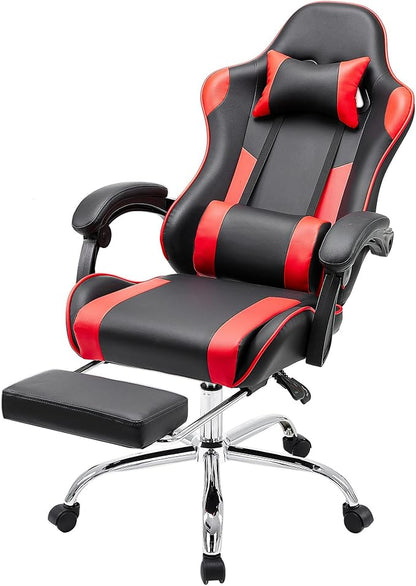 NEWBULIG Computer Gaming Desk Chair - High Back Ergonomic Lumbar Support with Footrest and Headrest, Comfy PU Leather Recliner with Linkage Armrest, Height Adjustable and 360° Swivel, Red