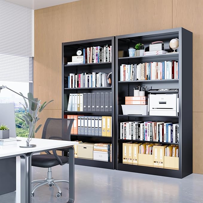 OSEILLC Bookcase,5 Tier Black Bookshelves,55" Tall Free Standing Metal Bookcase with Adjustable Storage Shelves, Wide Bookshelf for Bedroom Living Room Home Office School (Black)