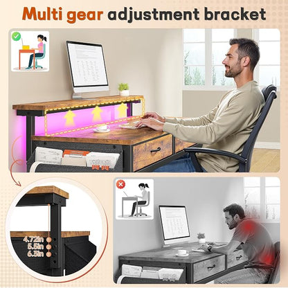 Gaming Desk with LED Lights & 2 Fabric Drawers, 39.4Inch Home Office Computer Desk with Side Pocket & Ergonomic Monitor Stand, Small Space Study Writing Table with Anti-Tip Design, Rustic Brown