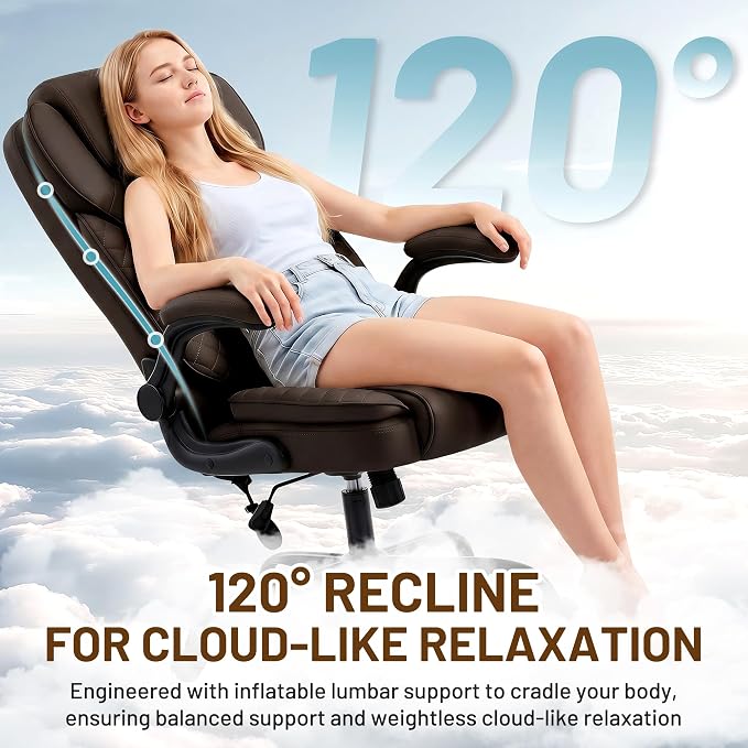 Ergonomic Office Chair, PU Leather High Back Executive Chair with Adjustable Inflatable Lumbar Support and Padded Flip-Up Arms, Recline Swivel Task Computer Chair for Home Office, Dark Brown